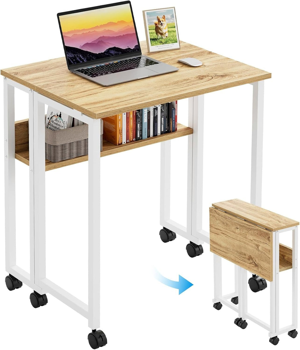 24.8" Oak Rolling Folding Desk With Storage Shelf