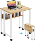 24.8" Oak Rolling Folding Desk With Storage Shelf