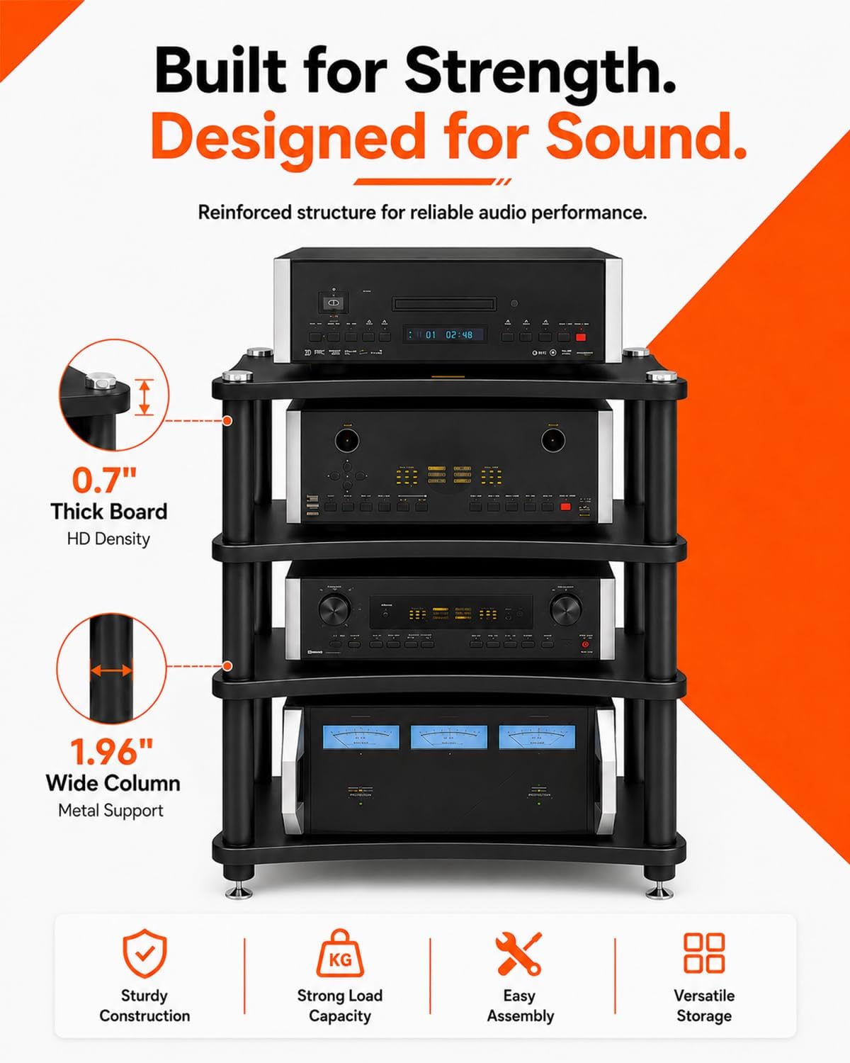 4‑Tier Black AV Media Stand Anti‑Vibration Feet 352 Lbs Load