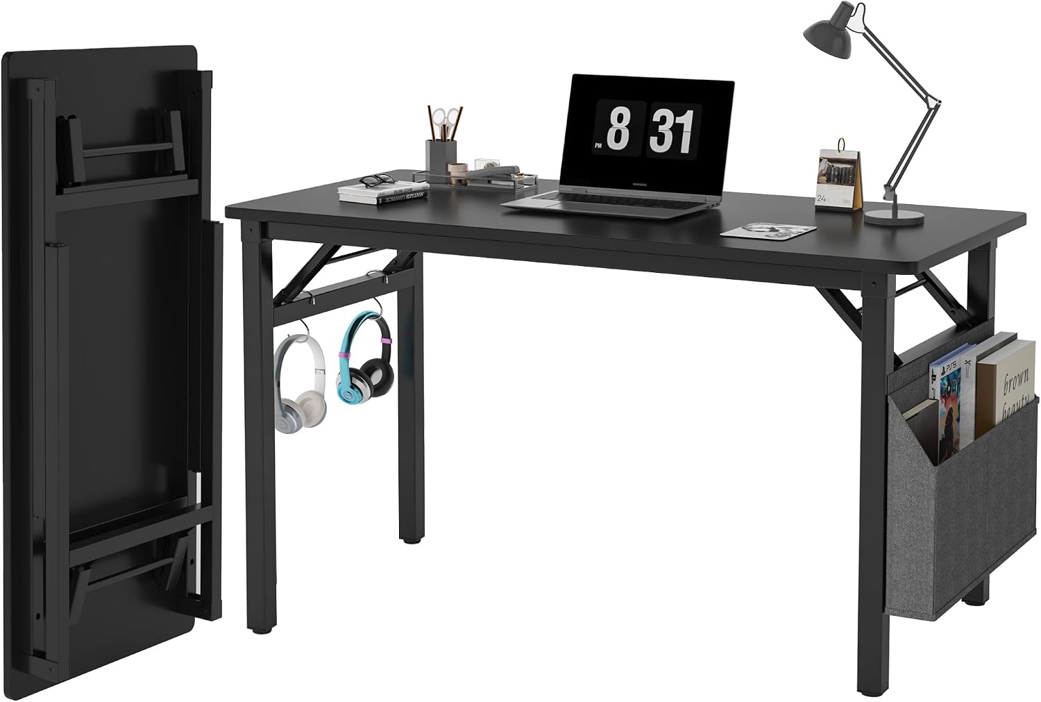 31.5" Black Folding Computer Desk With Storage Bag & Hooks
