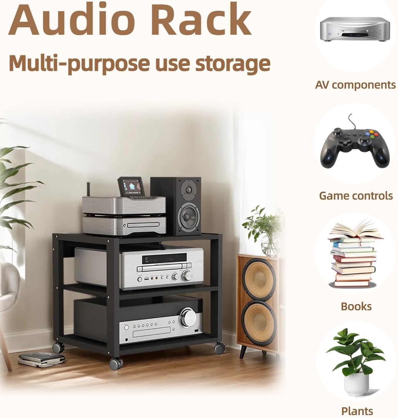 3‑Tier Black AV Media Stand Adjustable Shelves 220 Lbs Load