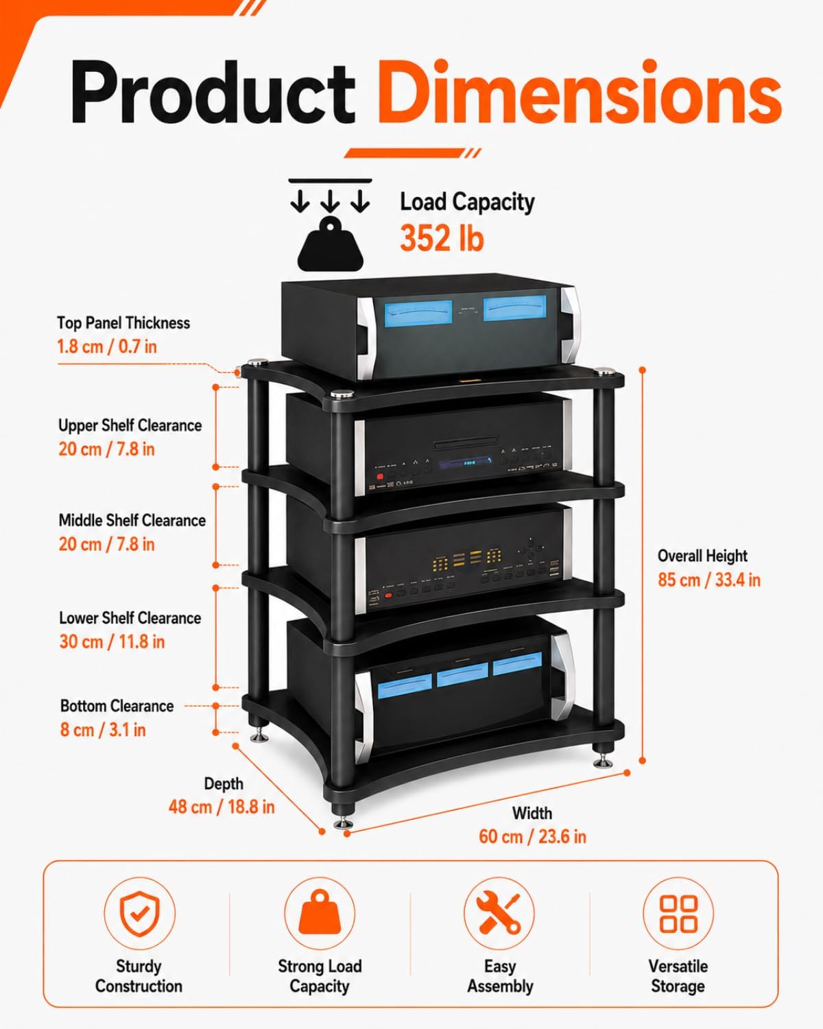 4‑Tier Black AV Media Stand Anti‑Vibration Feet 352 Lbs Load