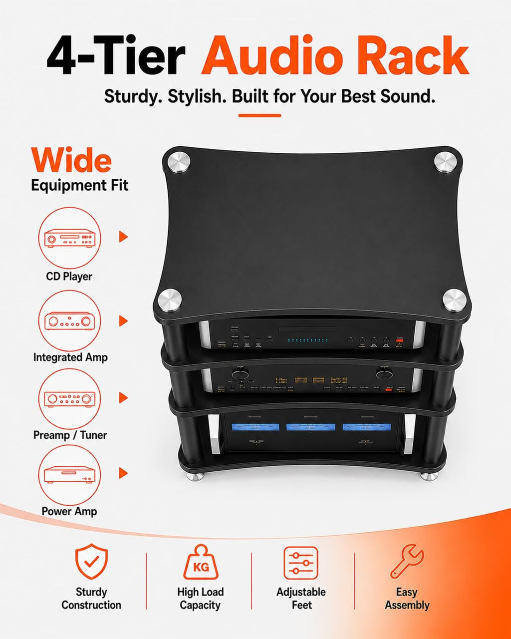 4‑Tier Black AV Media Stand Anti‑Vibration Feet 352 Lbs Load