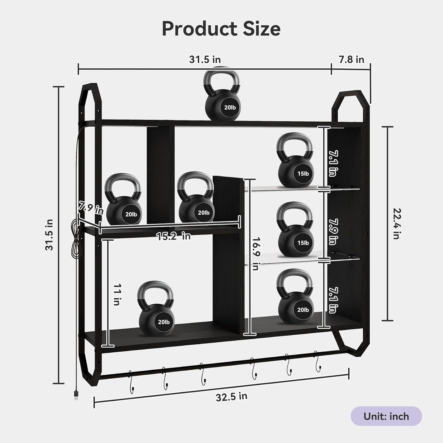 34" Black LED Gaming Floating Wall Shelves 7 Tier