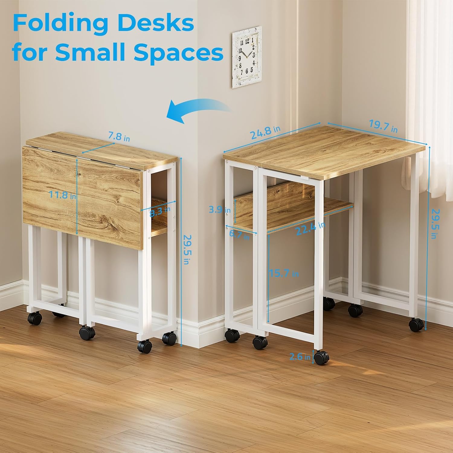 24.8" Oak Rolling Folding Desk With Storage Shelf