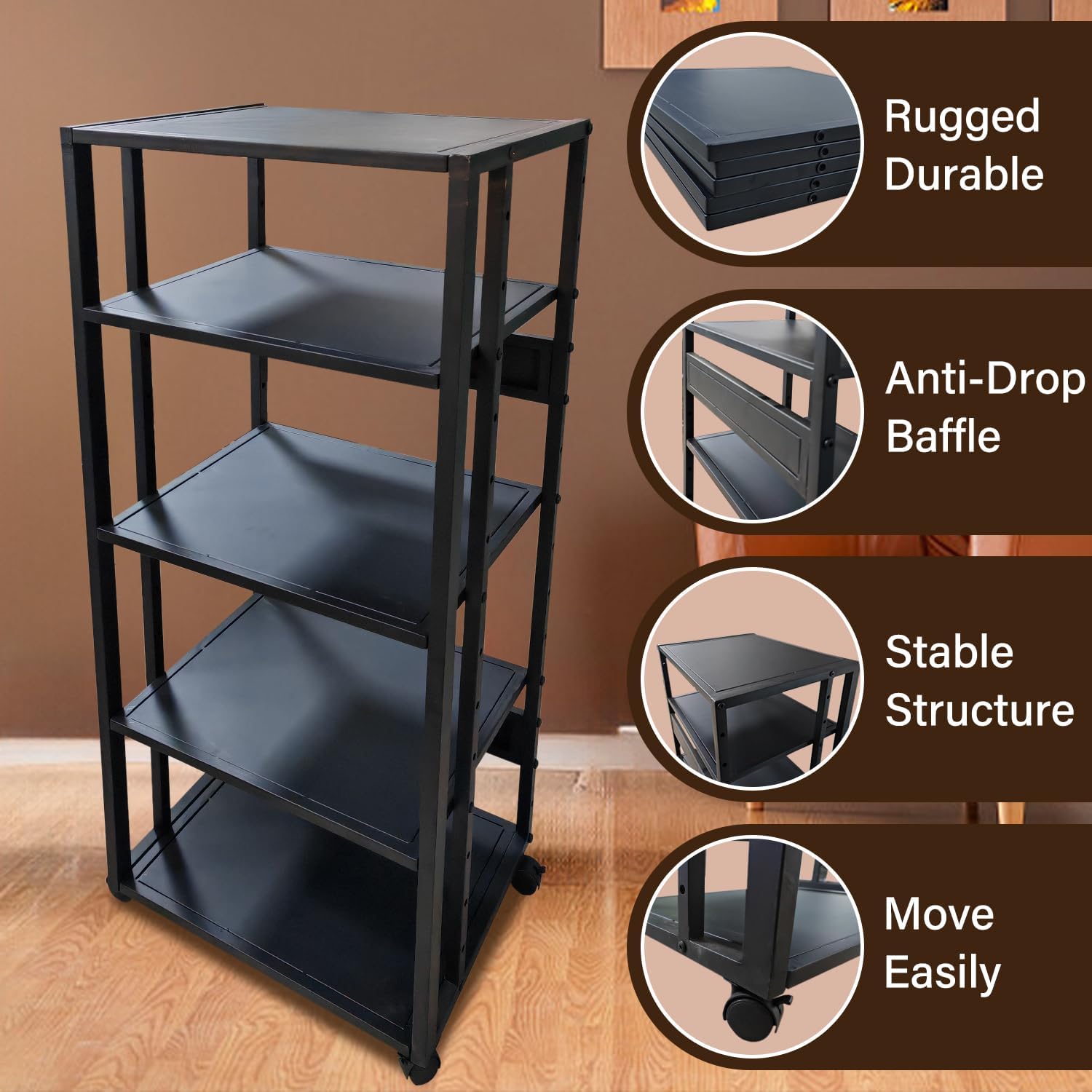 5‑Tier Mobile AV Media Stand With Wheels & Adjustable Shelves