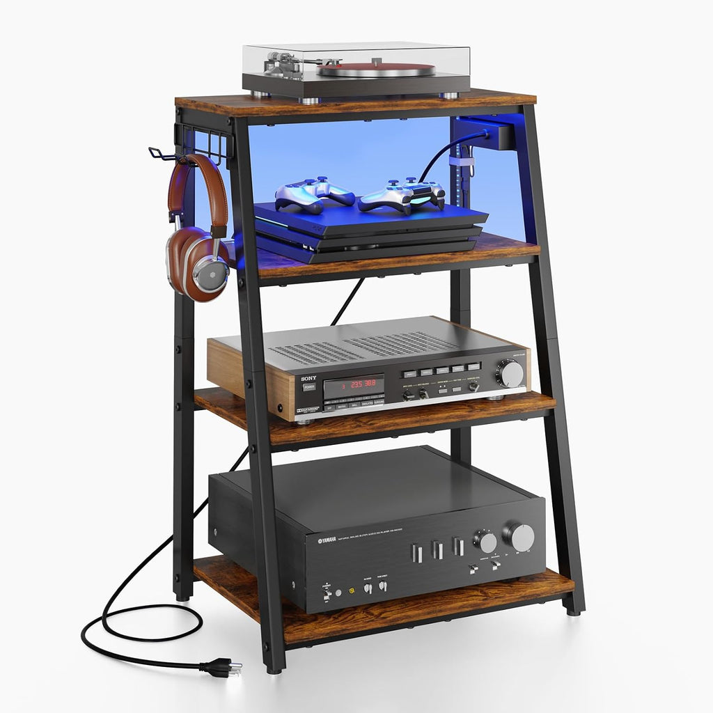 4‑Tier AV Media Stand With Power Strip LED Lights & Hooks