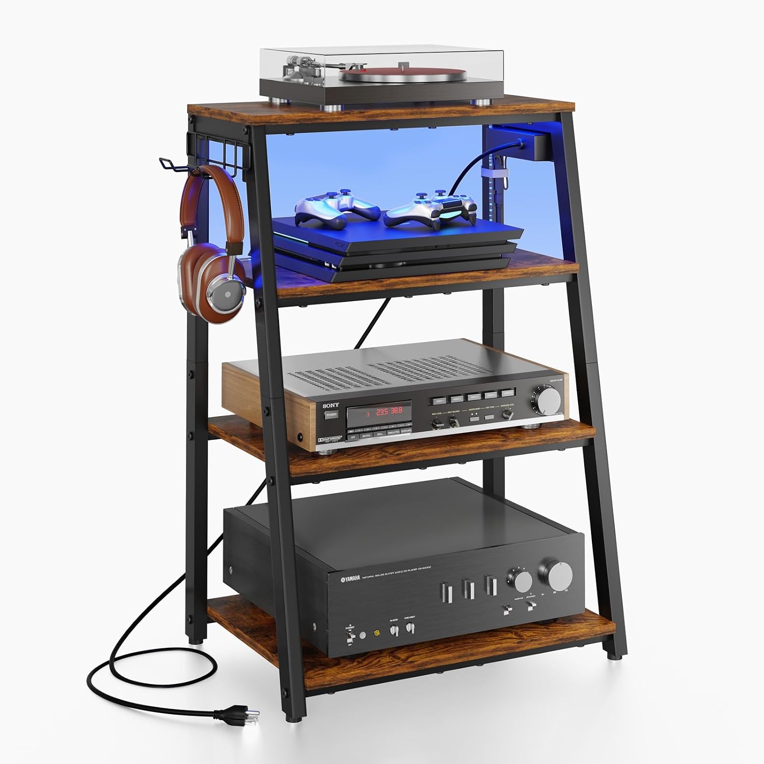 4‑Tier AV Media Stand With Power Strip LED Lights & Hooks