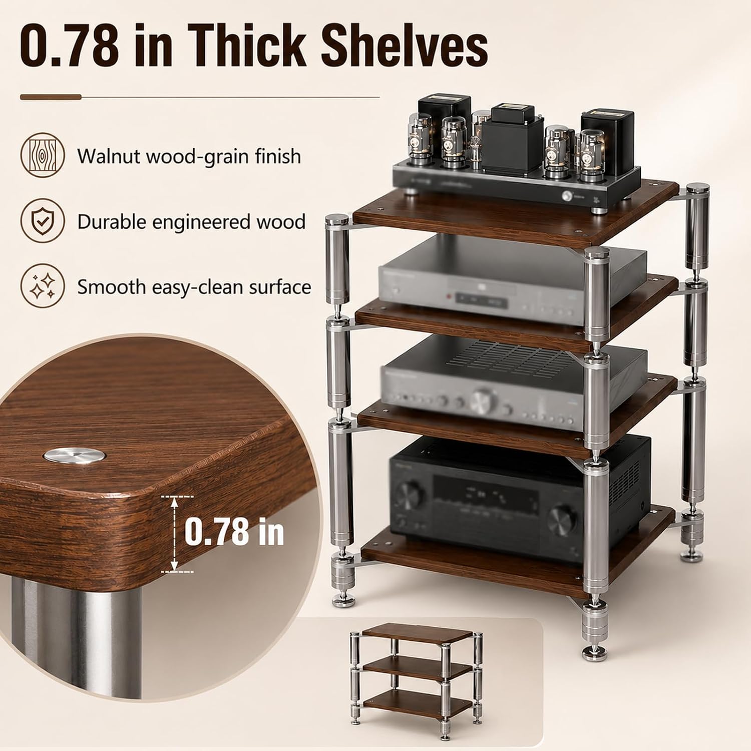 4‑Tier Walnut AV Media Stand With Shock‑Absorbing Foot Pegs