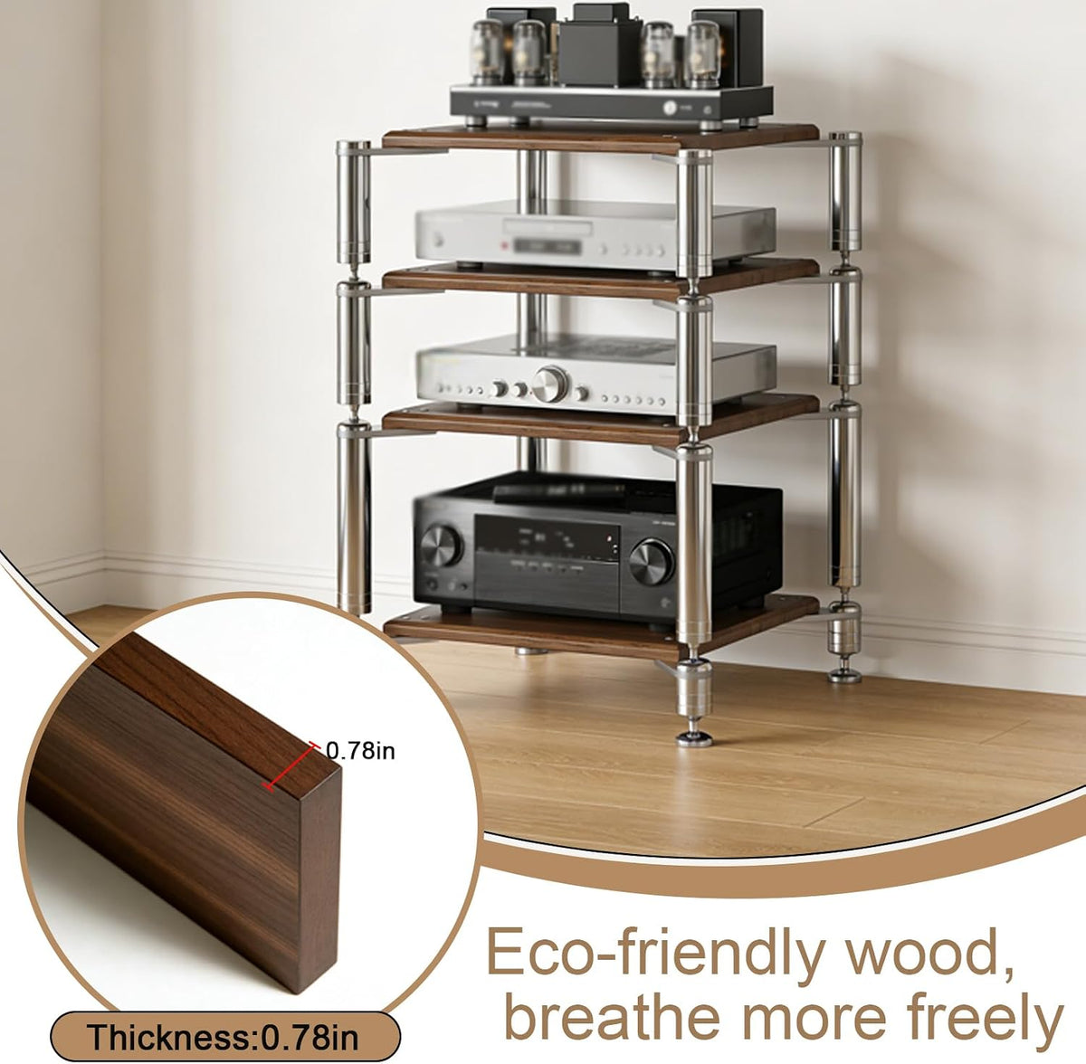 4‑Tier Black AV Media Stand Stainless Steel Bracket