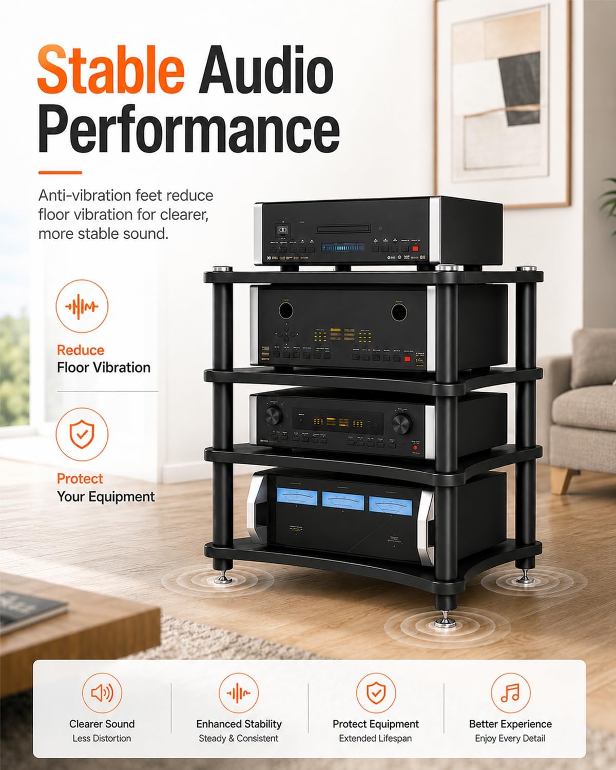 4‑Tier Black AV Media Stand Anti‑Vibration Feet 352 Lbs Load