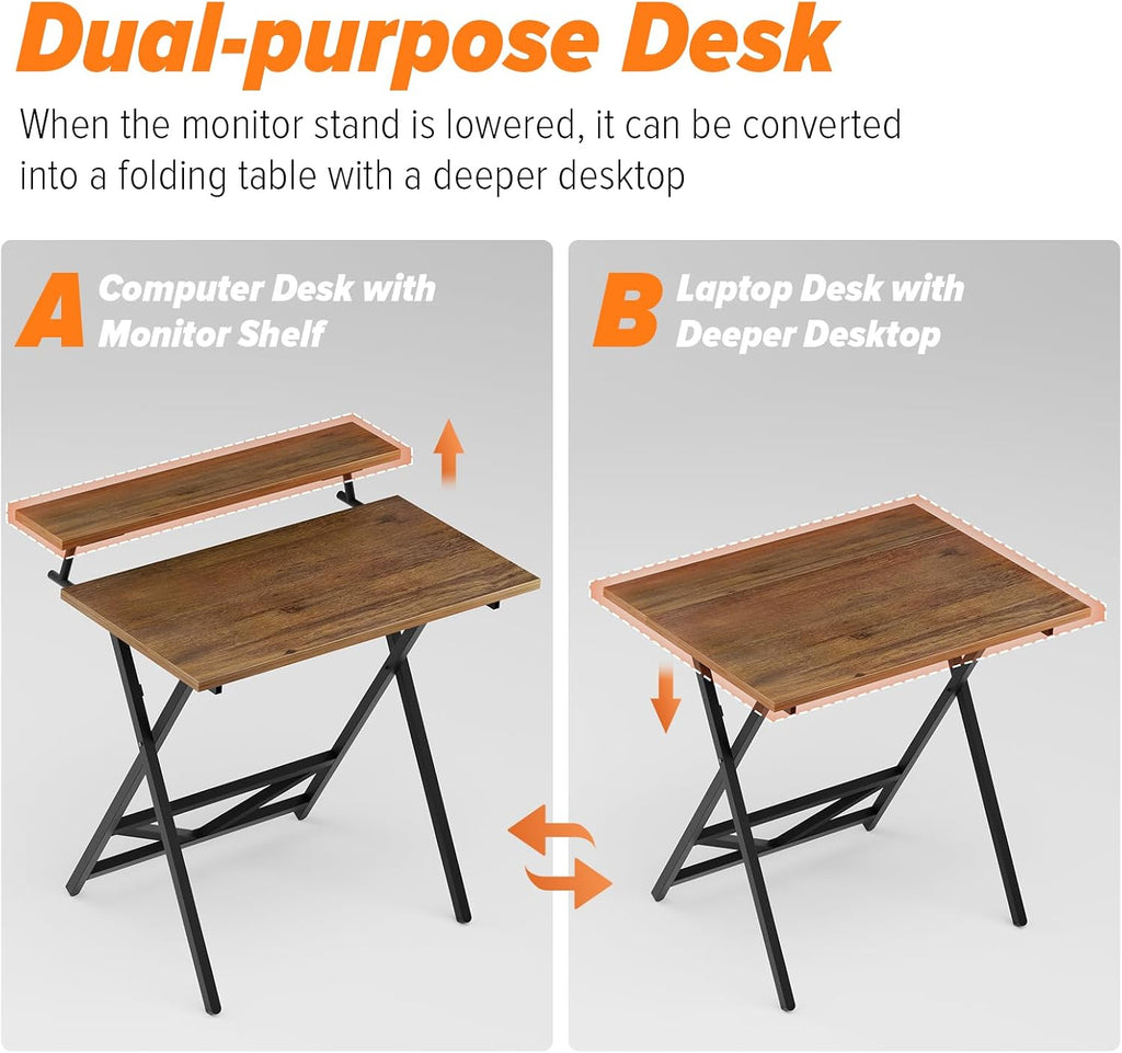 Walnut Folding Desk With Monitor Stand Adjustable Height