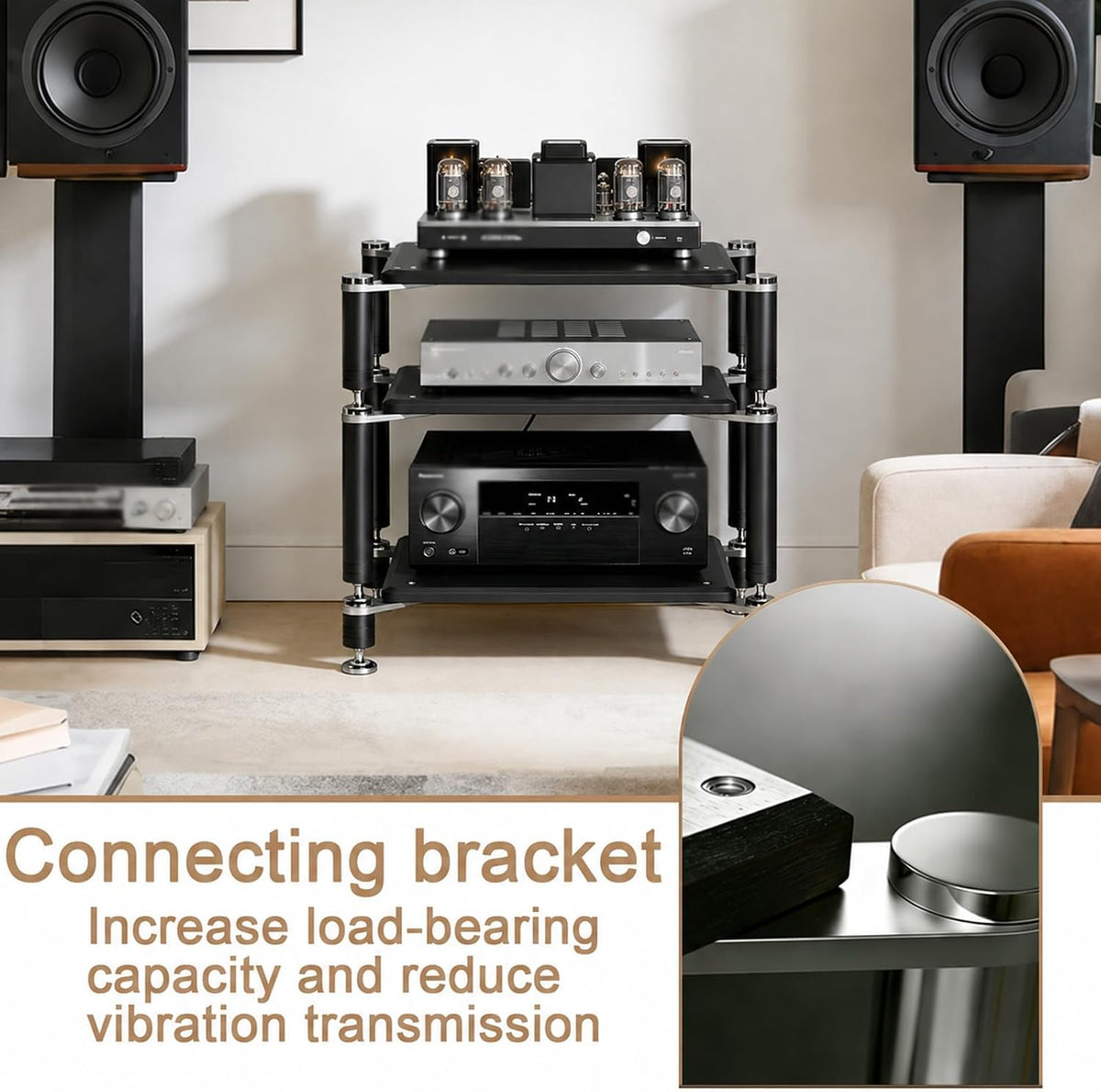 4‑Tier Black AV Media Stand Stainless Steel Bracket