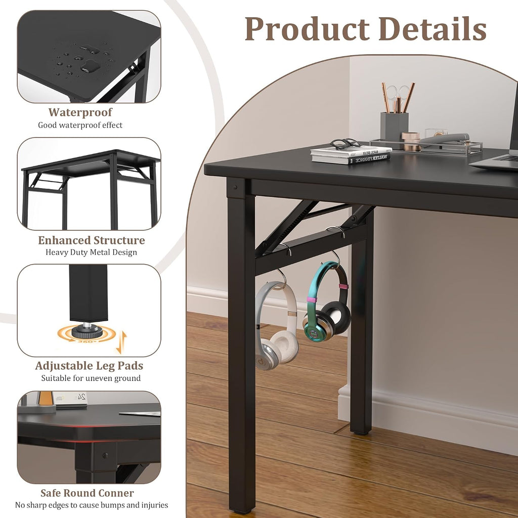 31.5" Black Folding Computer Desk With Storage Bag & Hooks