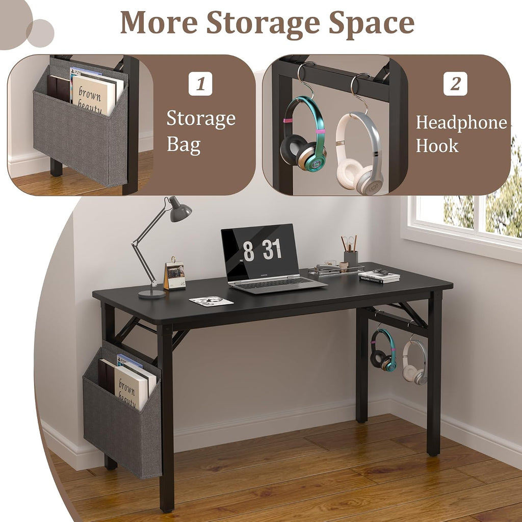 31.5" Black Folding Computer Desk With Storage Bag & Hooks