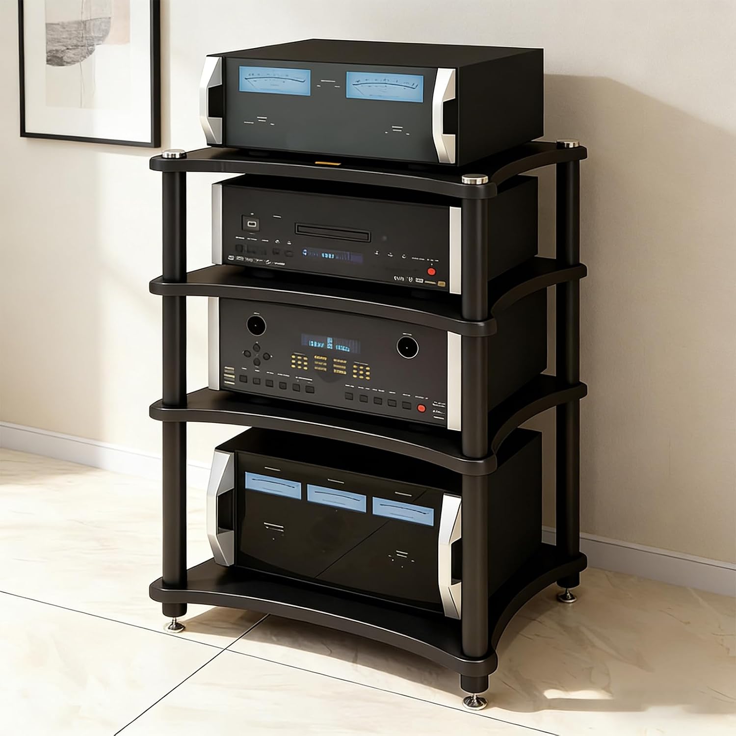 4‑Tier Black AV Media Stand Anti‑Vibration Feet 352 Lbs Load