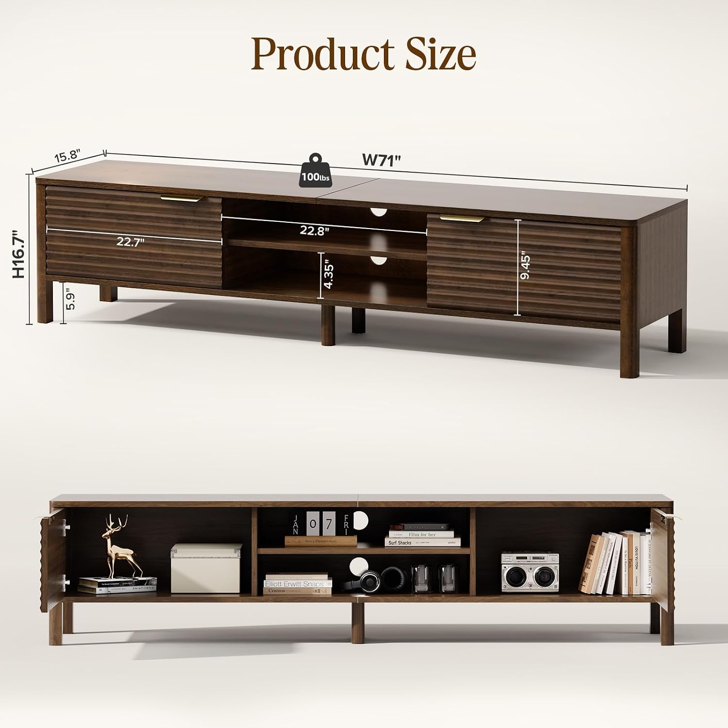 71" Walnut Fluted TV Stand For 80" TV