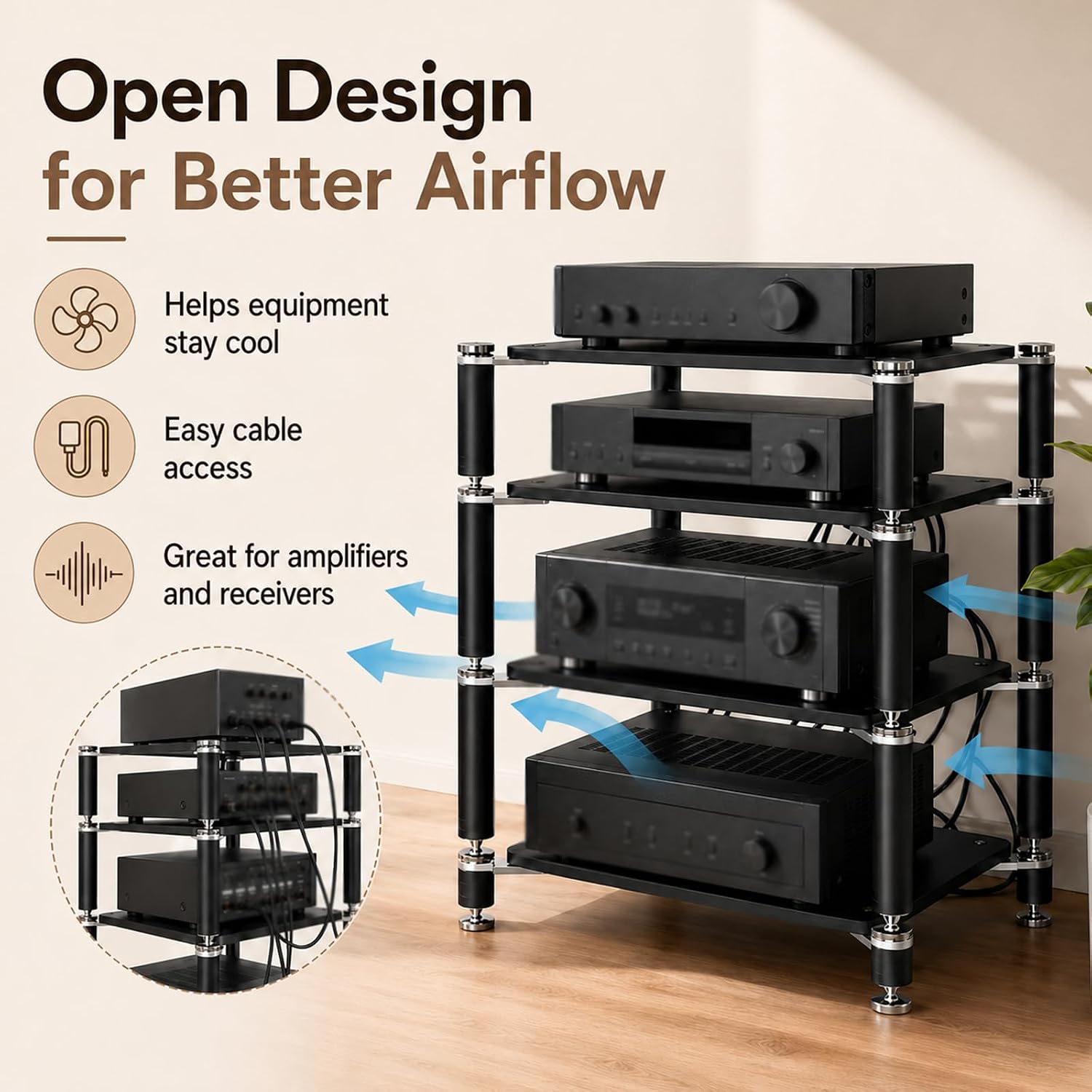 4‑Tier Walnut AV Media Stand With Shock‑Absorbing Foot Pegs