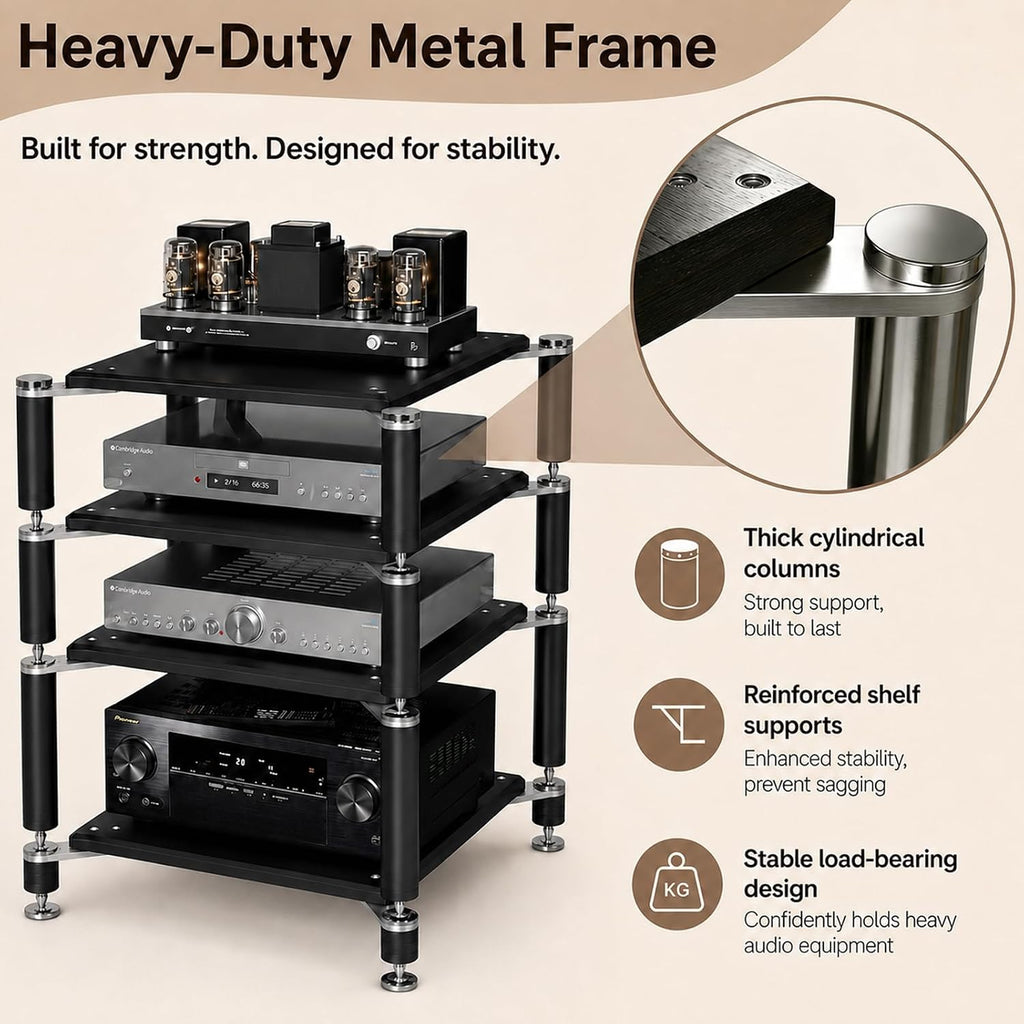 4‑Tier Walnut AV Media Stand With Shock‑Absorbing Foot Pegs
