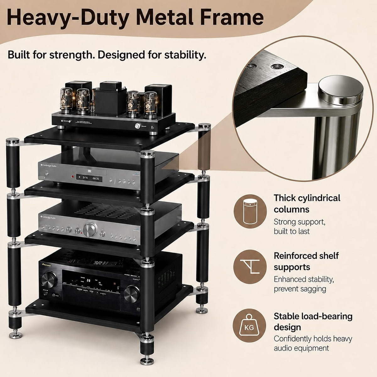 4‑Tier Walnut AV Media Stand With Shock‑Absorbing Foot Pegs