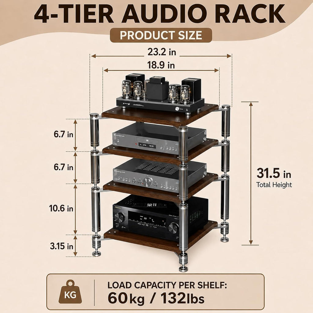 4‑Tier Walnut AV Media Stand With Shock‑Absorbing Foot Pegs