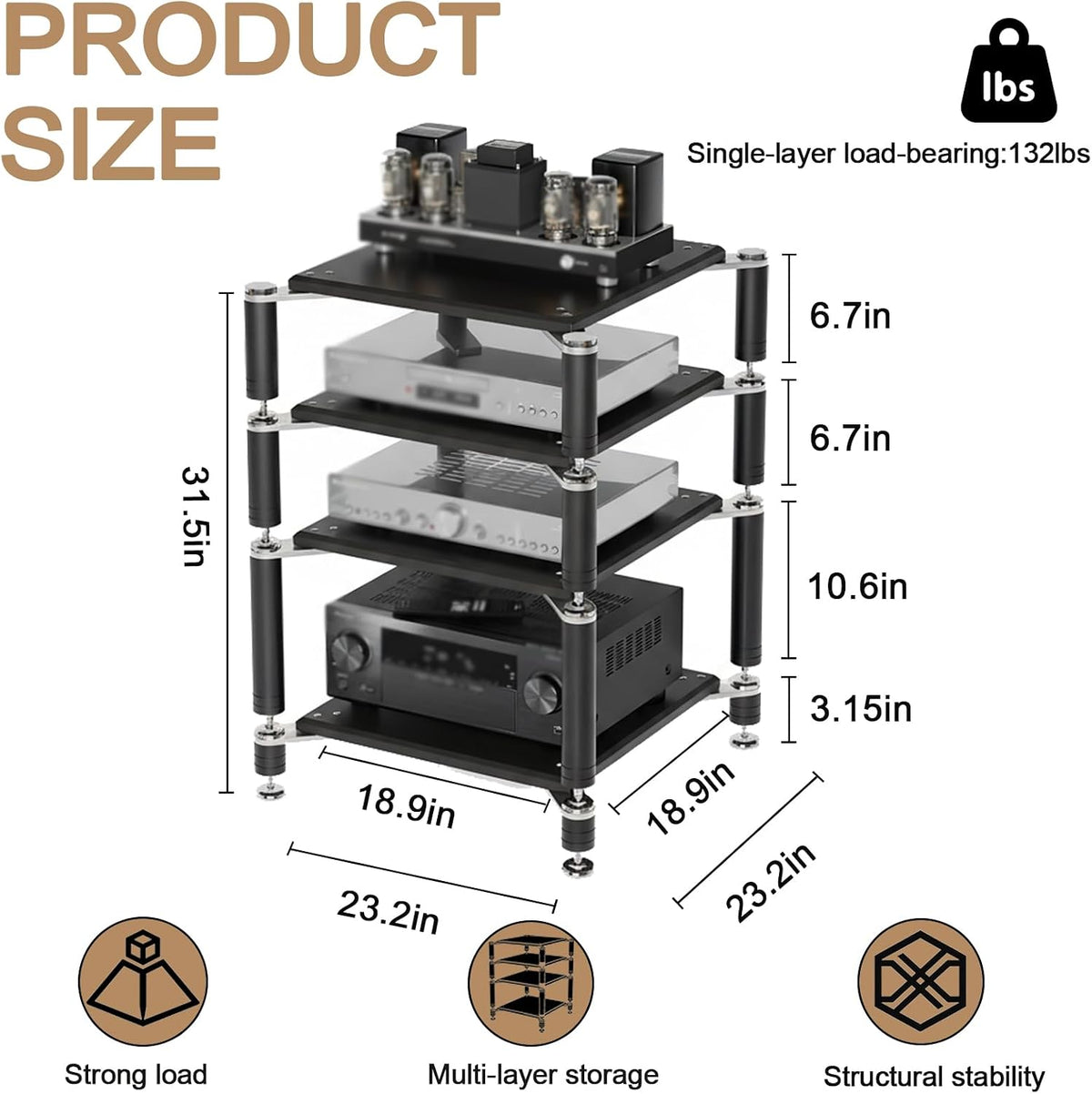 4‑Tier Black AV Media Stand Stainless Steel Bracket