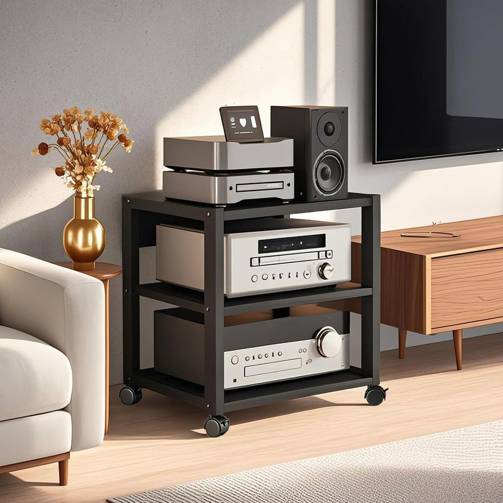 3‑Tier Black AV Media Stand Adjustable Shelves 220 Lbs Load
