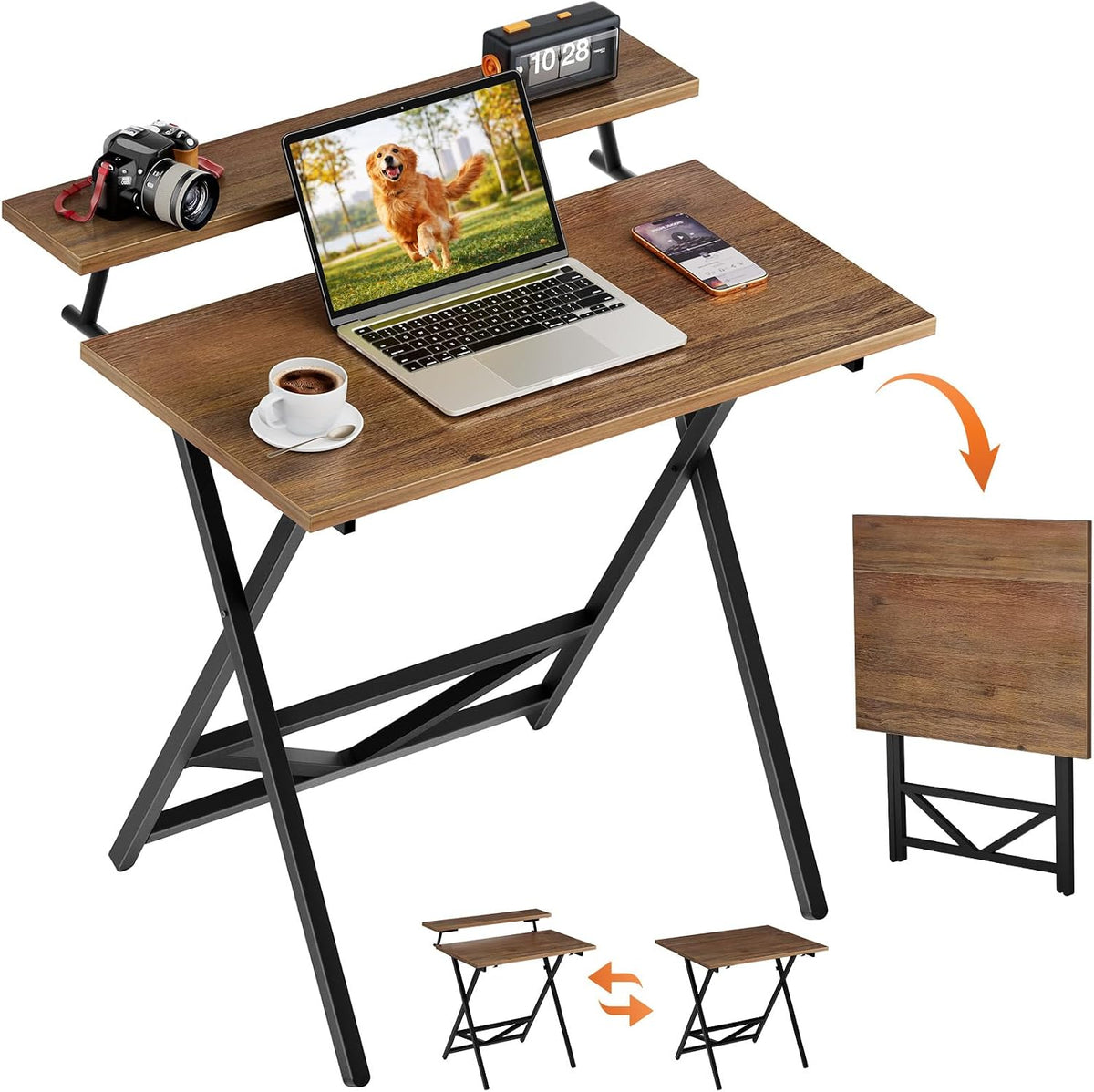 Walnut Folding Desk With Monitor Stand Adjustable Height