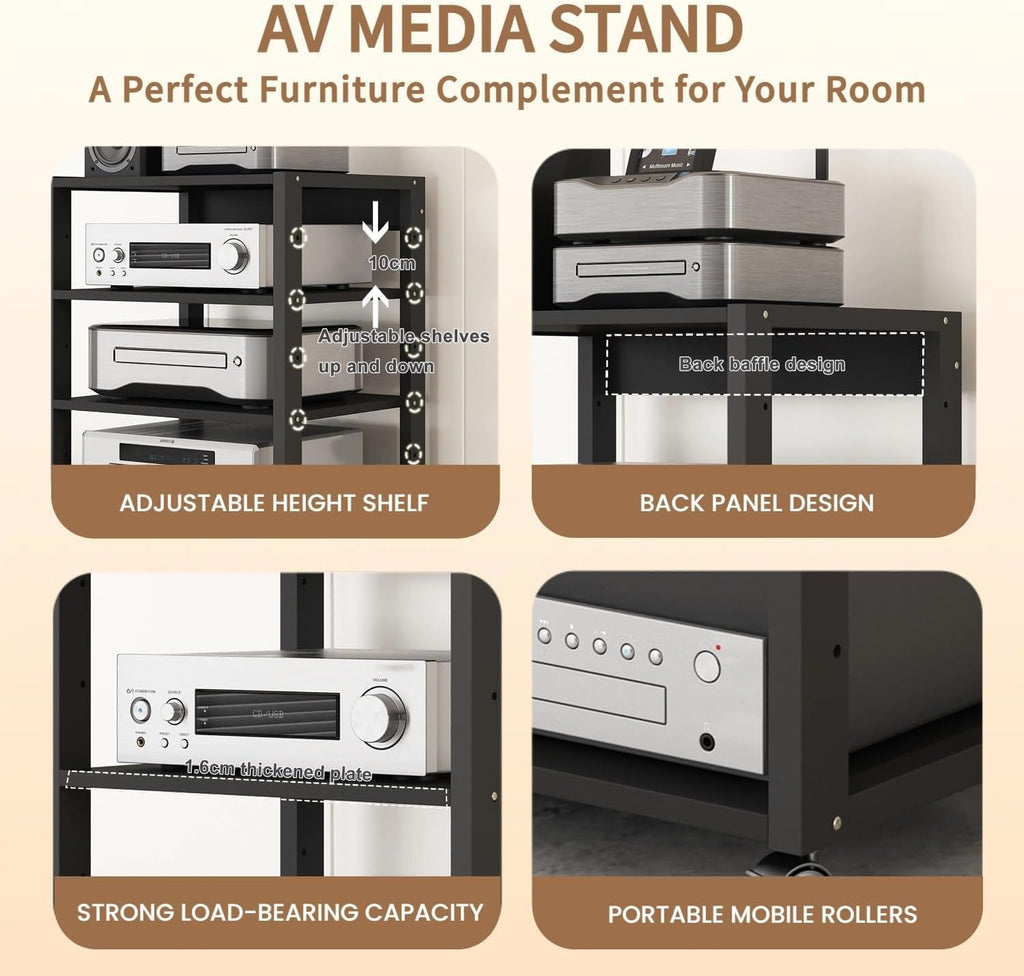 3‑Tier Black AV Media Stand Adjustable Shelves 220 Lbs Load