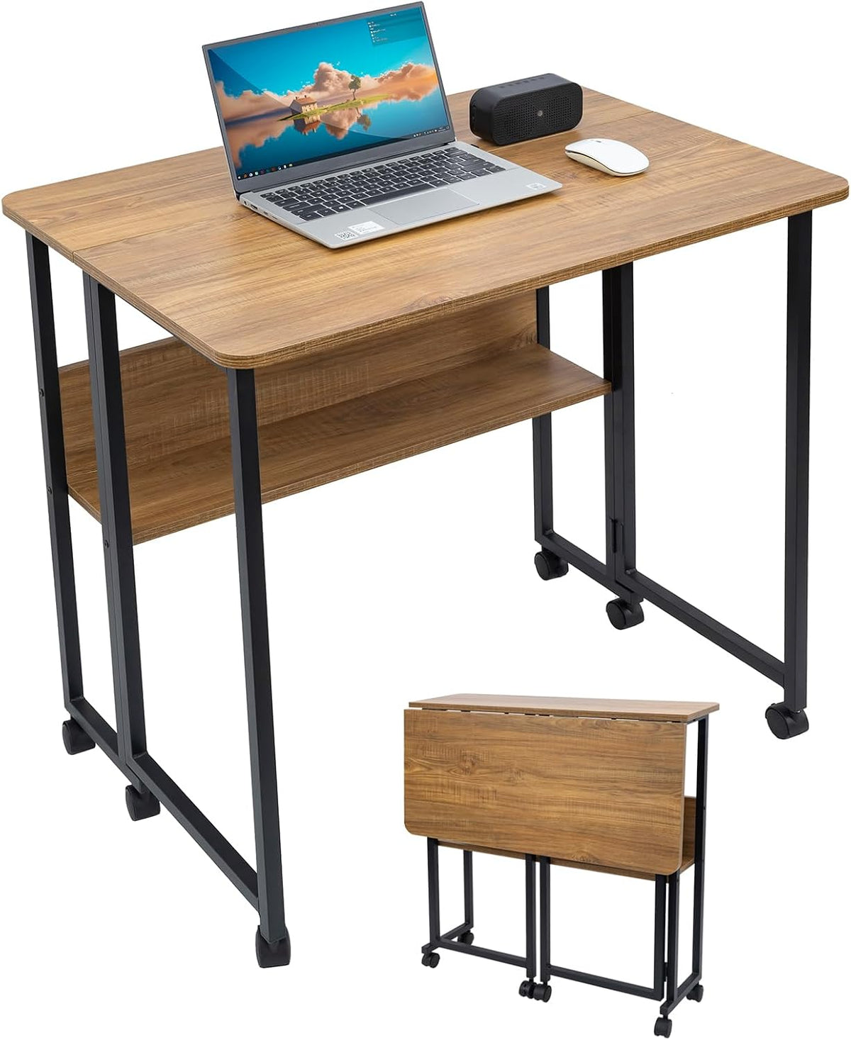 Mobile Folding Computer Desk With Wheels & Storage Shelf
