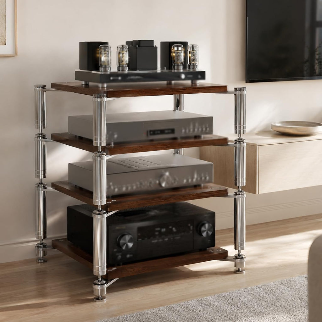 4‑Tier Walnut AV Media Stand With Shock‑Absorbing Foot Pegs