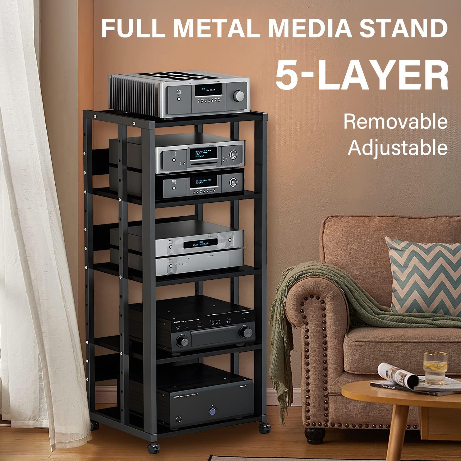 5‑Tier Mobile AV Media Stand With Wheels & Adjustable Shelves