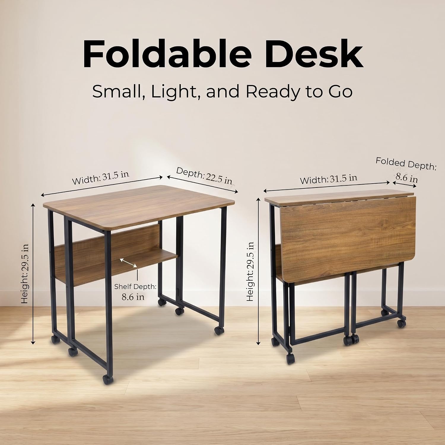 Mobile Folding Computer Desk With Wheels & Storage Shelf