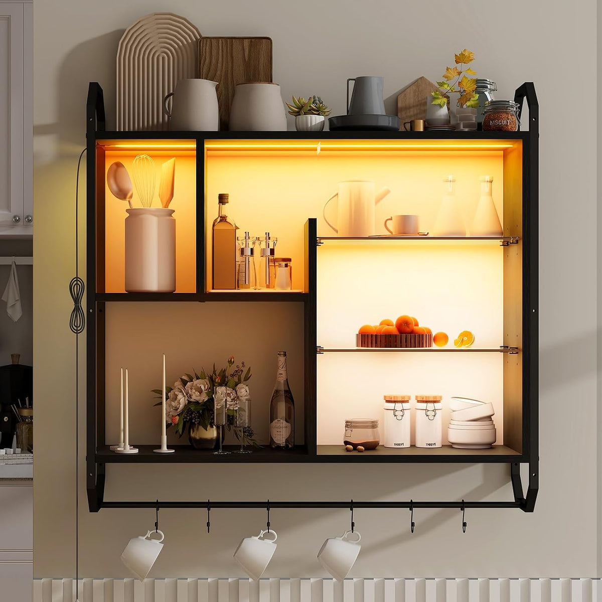 34" Black LED Gaming Floating Wall Shelves 7 Tier