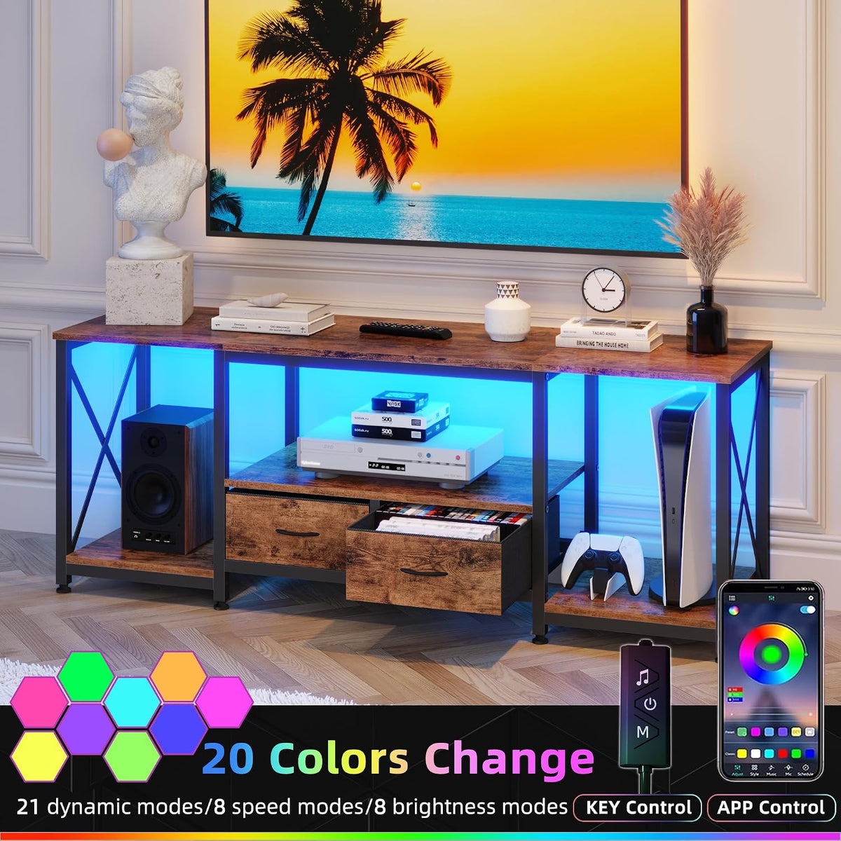 55.1" Rustic Brown TV Stand With Fabric Drawer