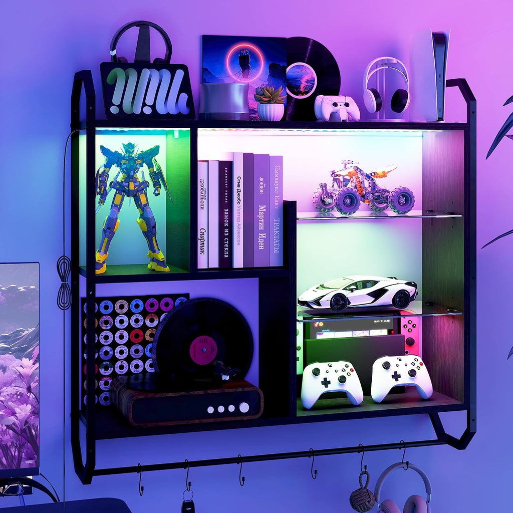 34" Black LED Gaming Floating Wall Shelves 7 Tier