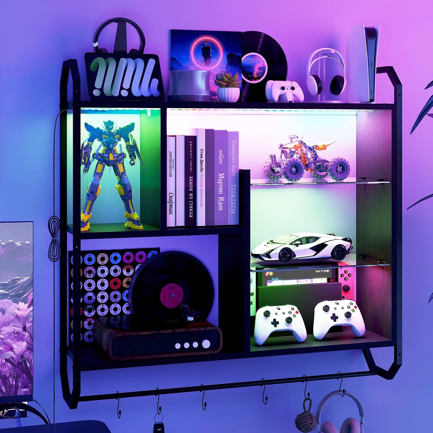 34" Black LED Gaming Floating Wall Shelves 7 Tier