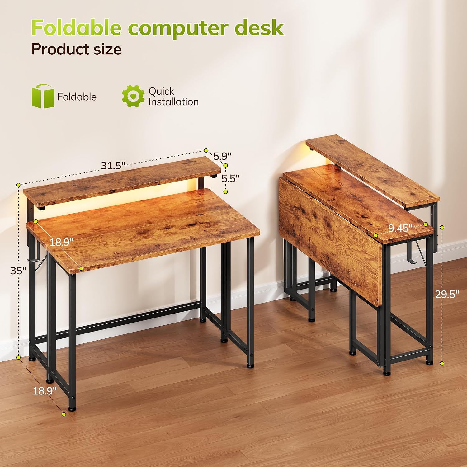 31.5" Brown Folding Desk With Monitor Stand & RGB LED