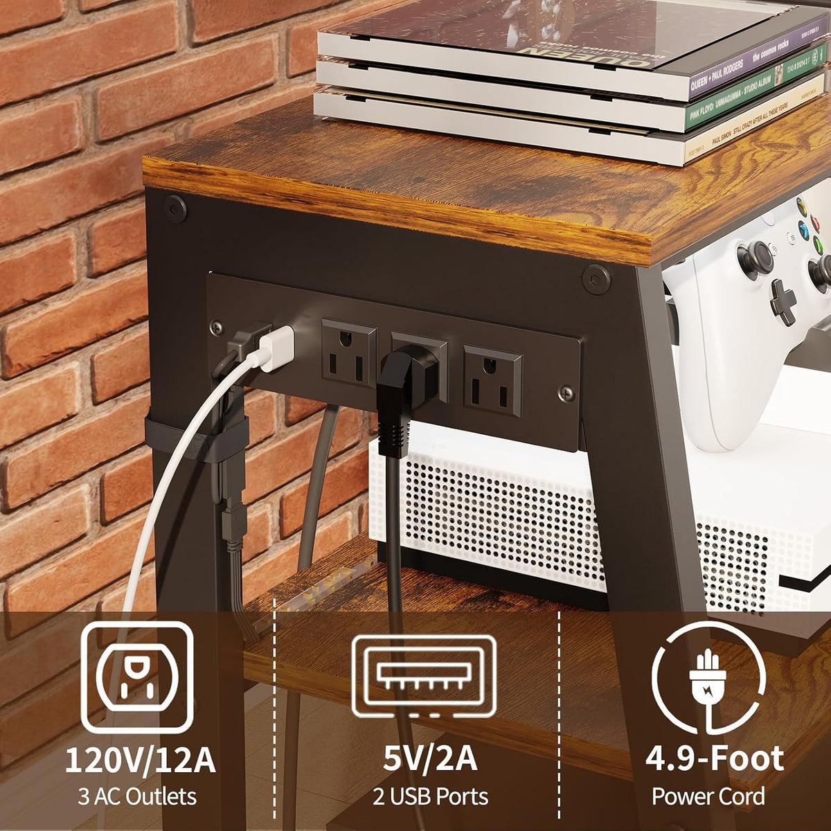 4‑Tier AV Media Stand With Power Strip LED Lights & Hooks