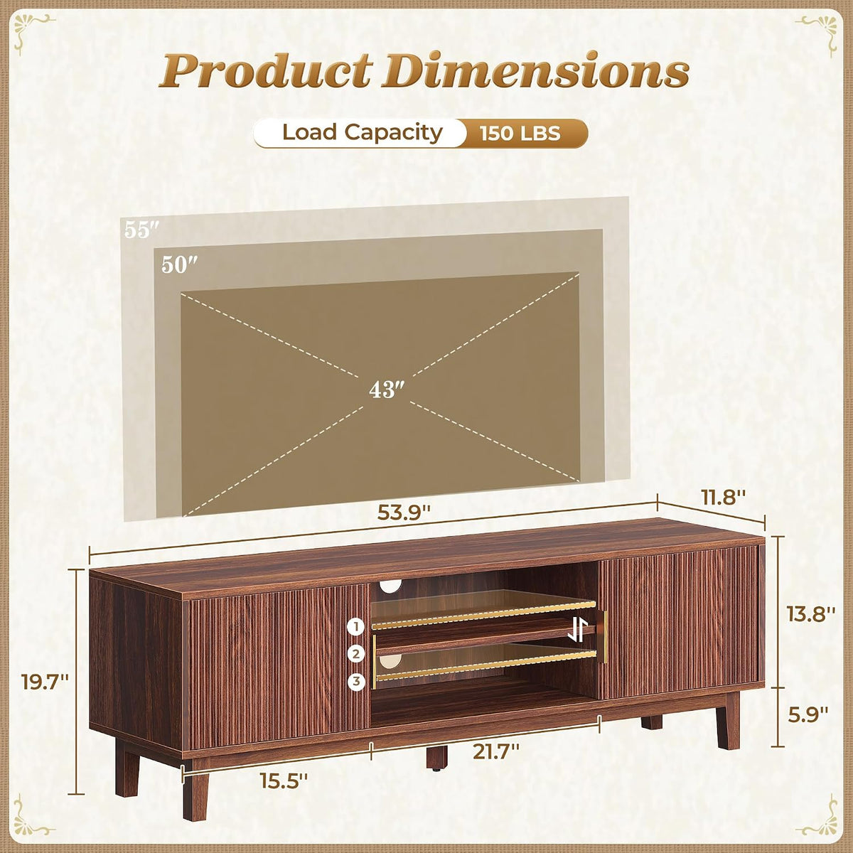54" Brown Fluted Mid Century TV Stand
