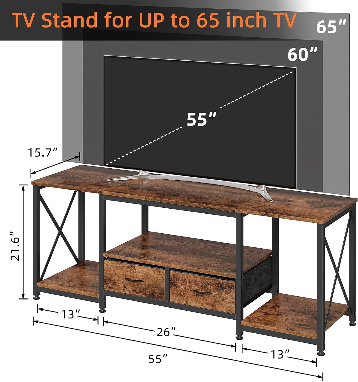 55.1" Rustic Brown TV Stand With Fabric Drawer