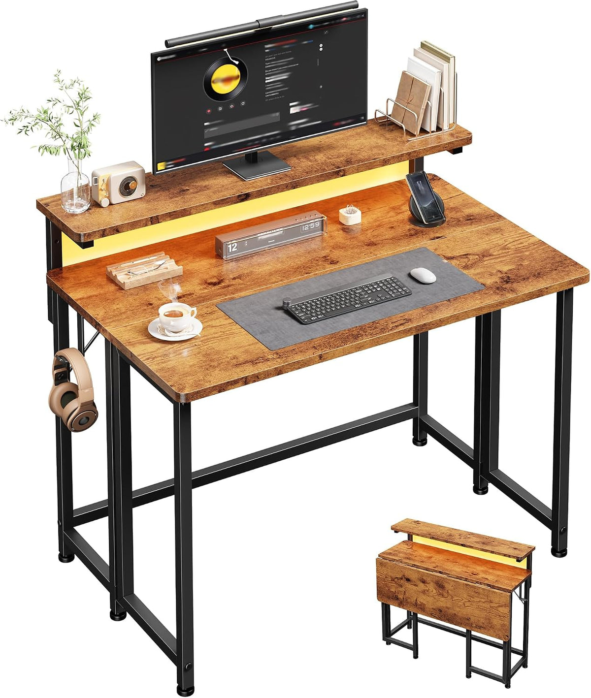 31.5" Brown Folding Desk With Monitor Stand & RGB LED