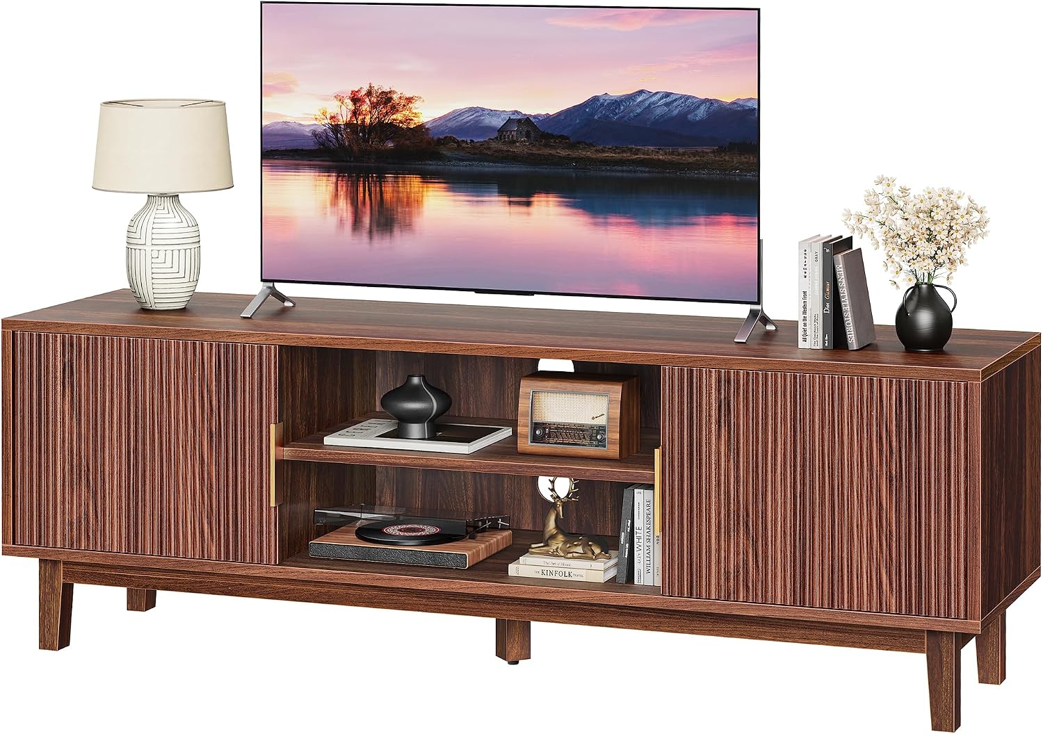 54" Brown Fluted Mid Century TV Stand