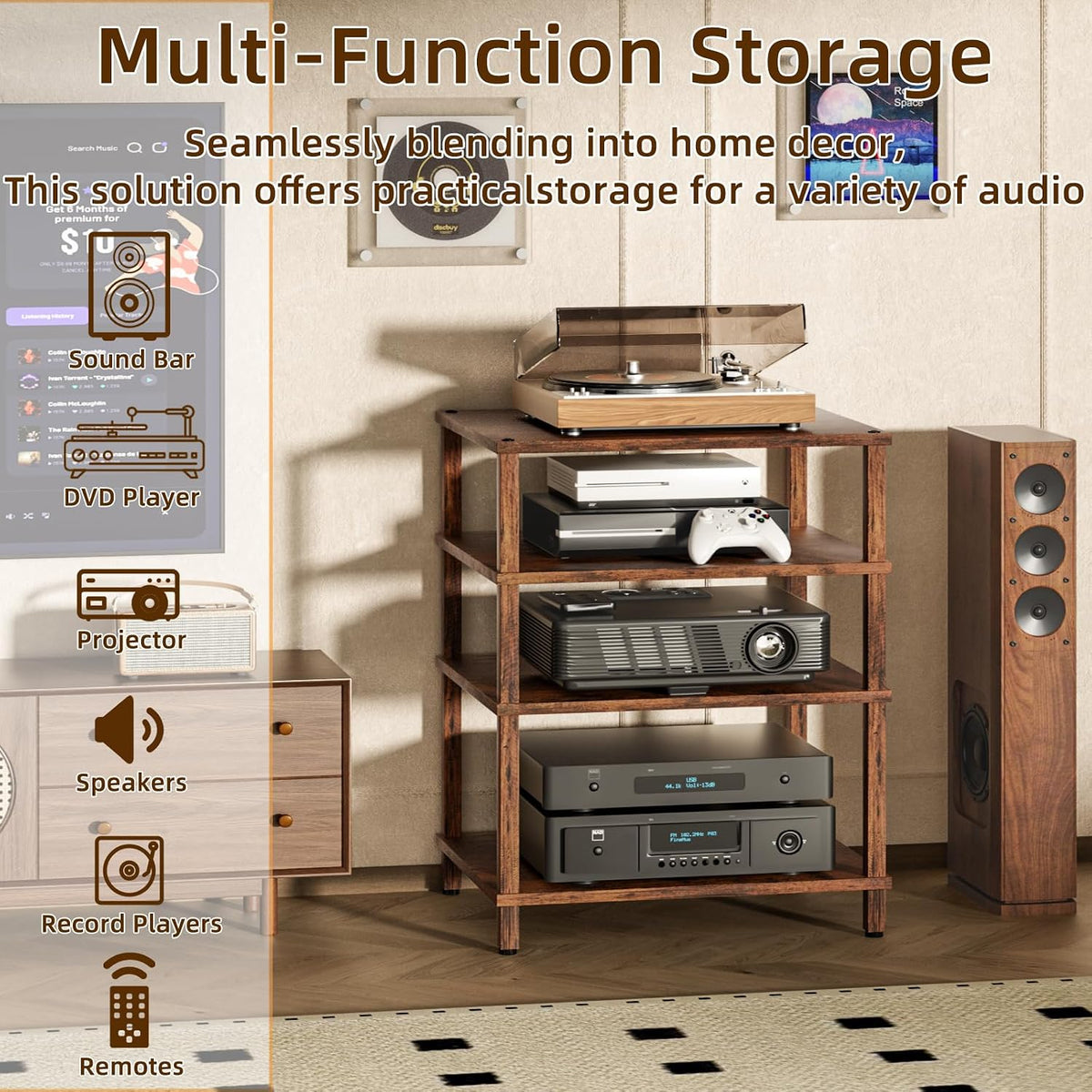4‑Tier Brown Media Player Stand Entertainment Center