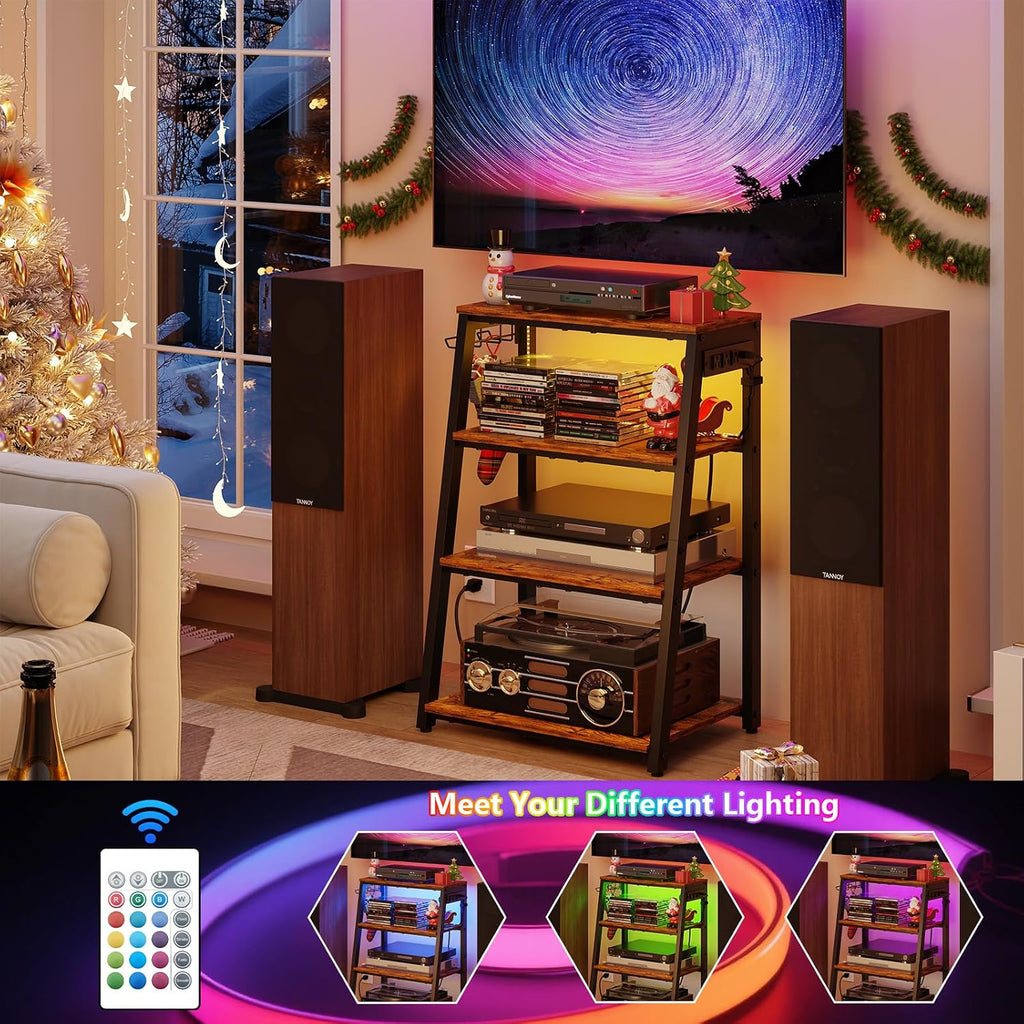 4‑Tier AV Media Stand With Power Strip LED Lights & Hooks