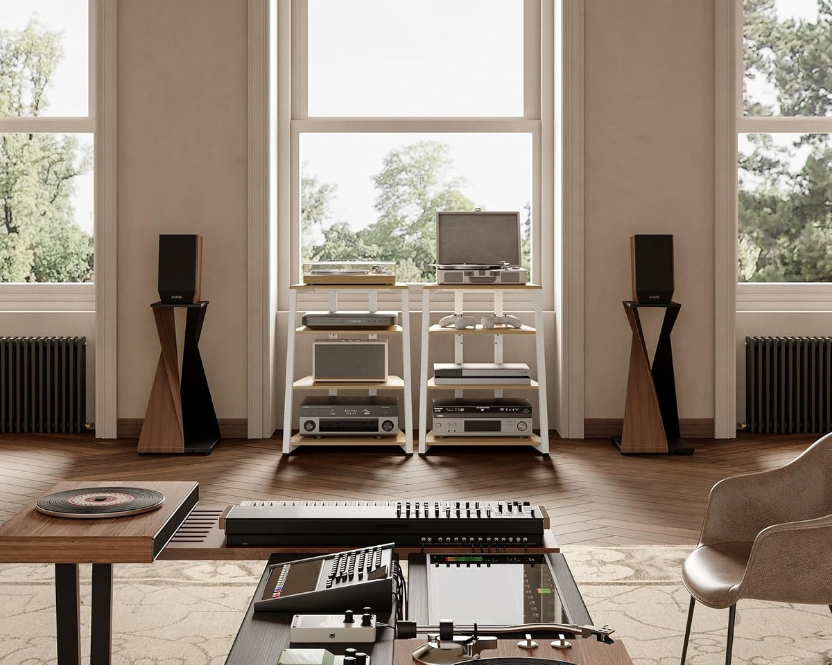 4‑Tier White Oak Corner AV Media Stand