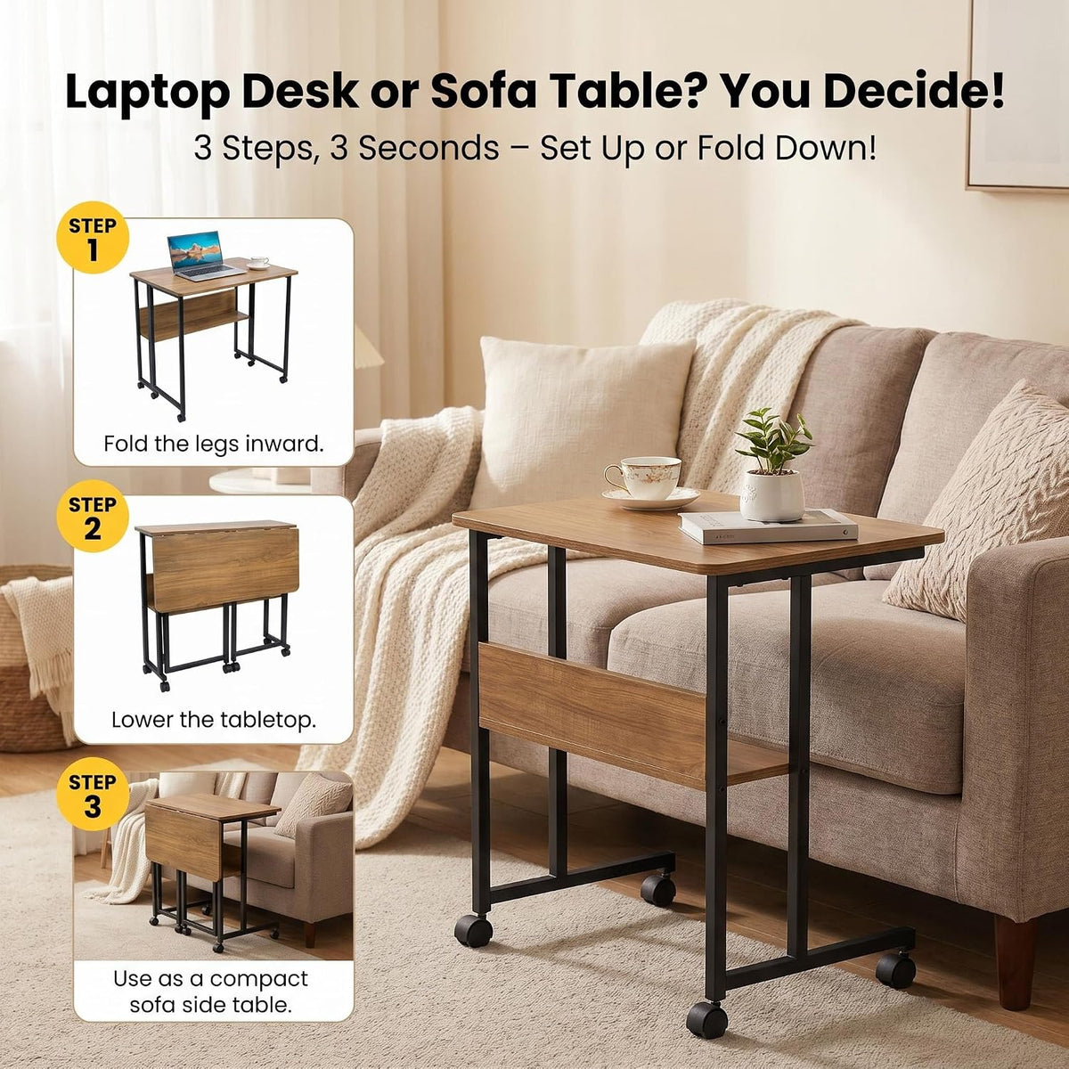Mobile Folding Computer Desk With Wheels & Storage Shelf