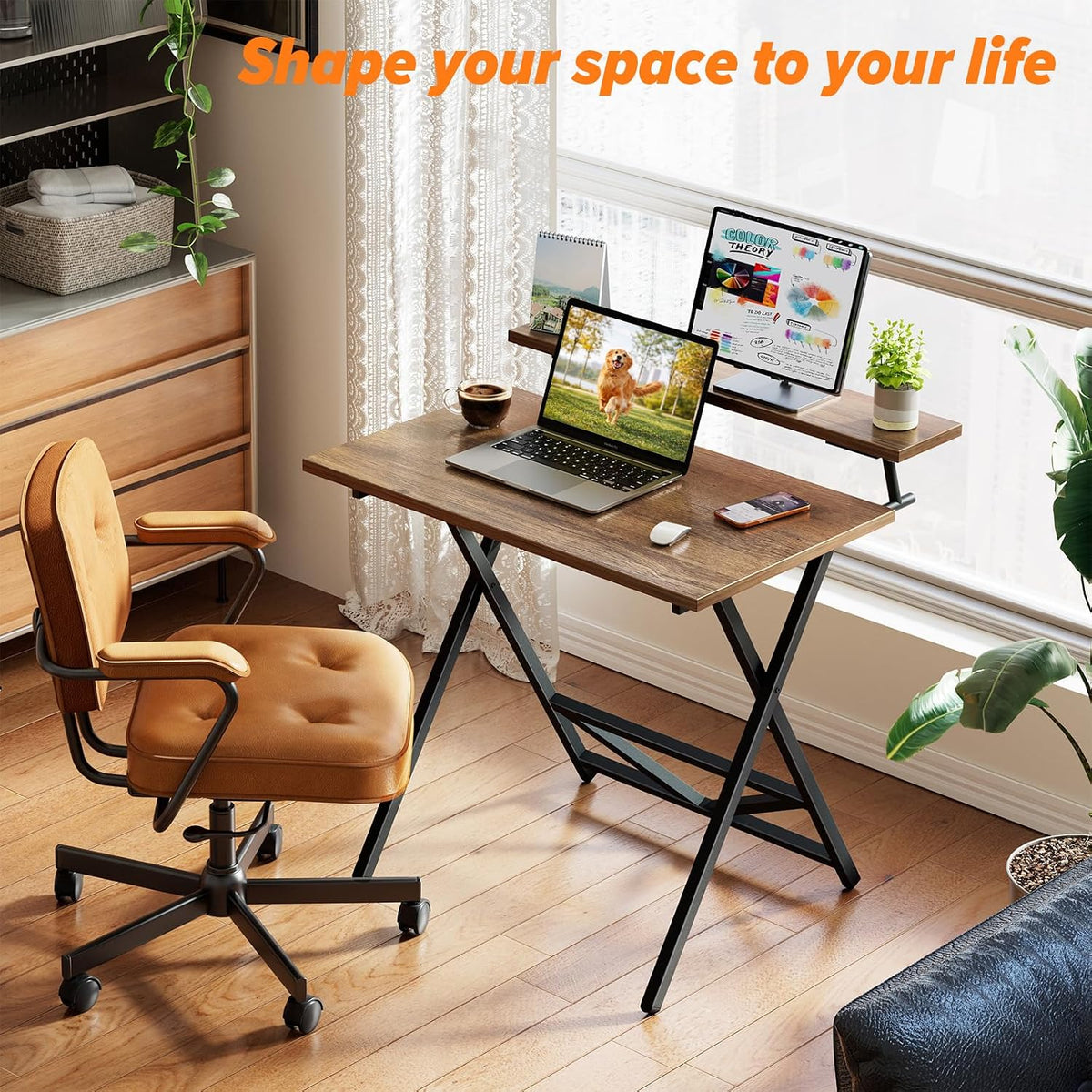 Walnut Folding Desk With Monitor Stand Adjustable Height