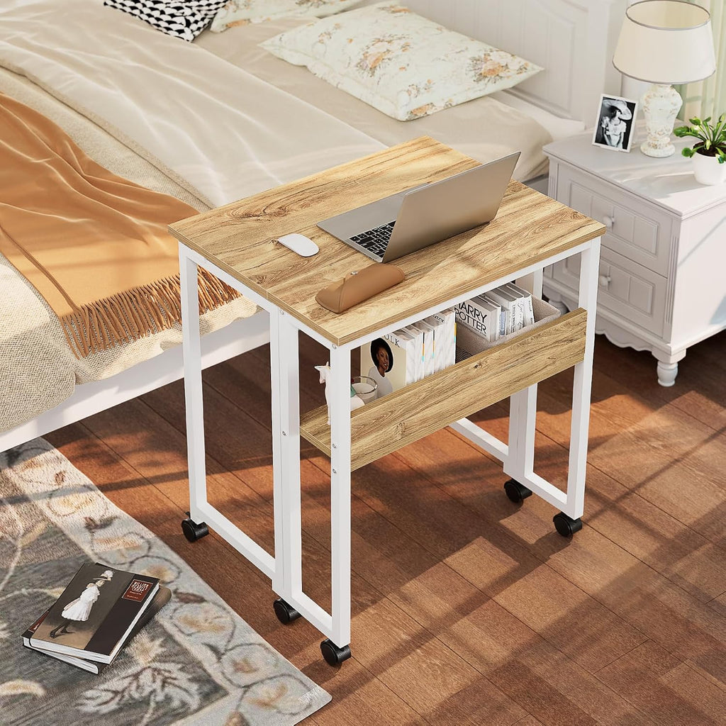24.8" Oak Rolling Folding Desk With Storage Shelf