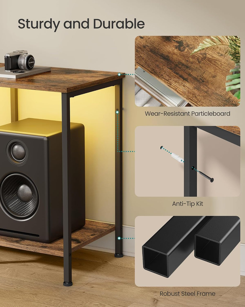 Rustic Brown TV Stand With Power & Lights